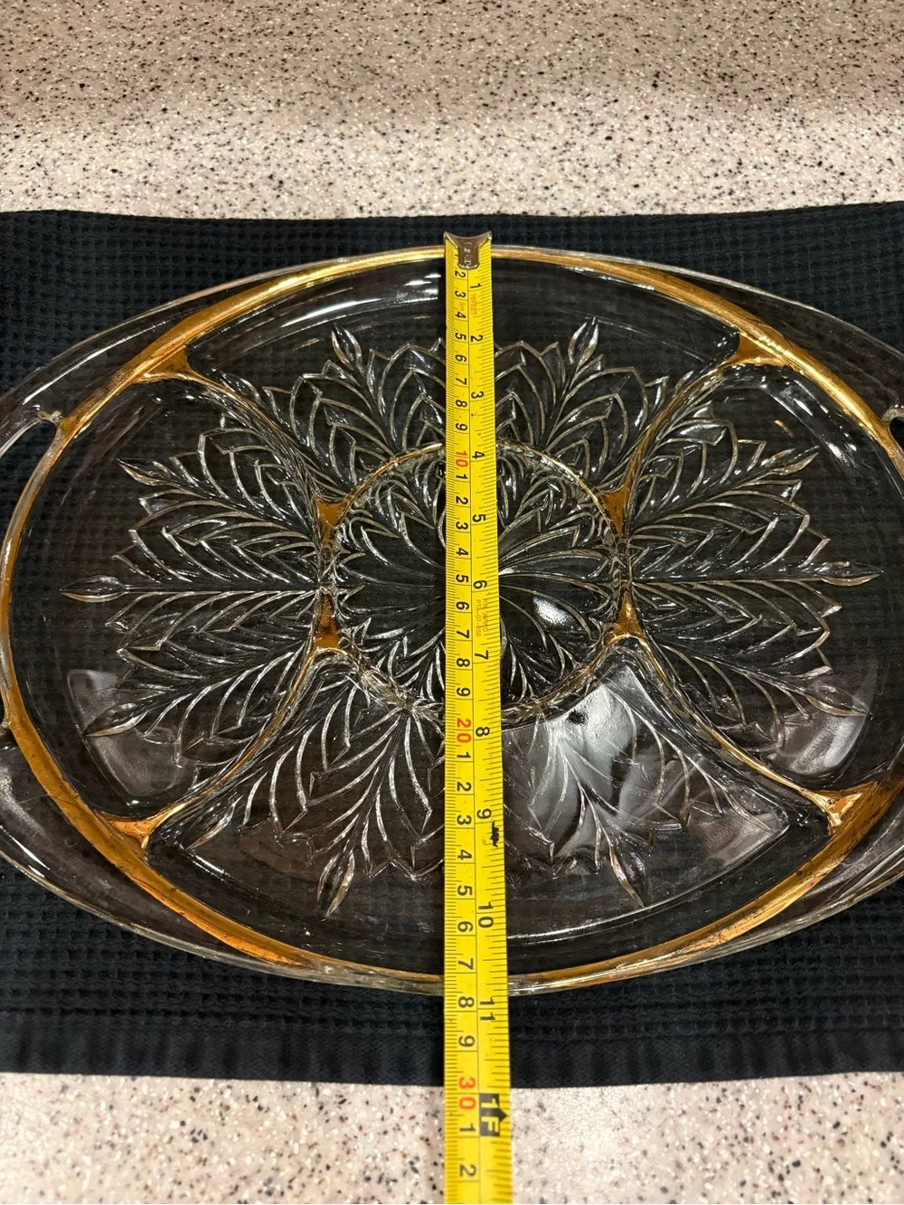 Vintage 5-section glass serving tray is likely a 1950s Jeannette